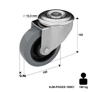 Zestaw kołowy skrętny KJM-POOGES 100K1 z kołem gumowym piasta poliamid. Nośność 160 kg / 100mm/ kulkowe