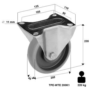 Zestaw kołowy stały TPE-WTE 200K1 z szarą gumą piasta polipropylenowa Nośność 220 kg / 200mm/ kulkowe