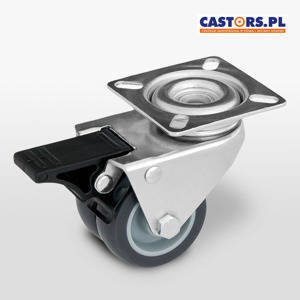 Podwójne kółko transportowe z hamulcem KPDA-TPA 50S-HC Piasta poliuretan Oponka szara guma niebrudząca Nośność 70 kg / 50mm / ślizgowe / mocowanie płytka
