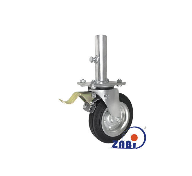 Kółko do rusztowań metalowo-gumowe 200mm z rurą 35mm w obudowie skrętnej z hamulcem CAST-ZAB-ZR65H/35