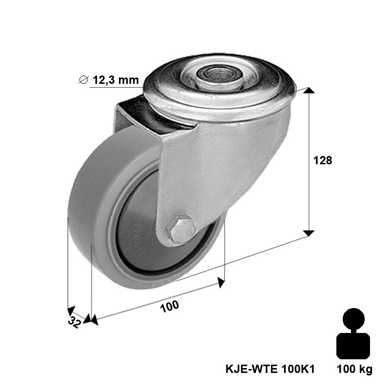 Zestaw kołowy skrętny KJE-WTE 100K1 z szarą gumą piasta polipropylenowa Nośność 100 kg / 100mm/ kulkowe