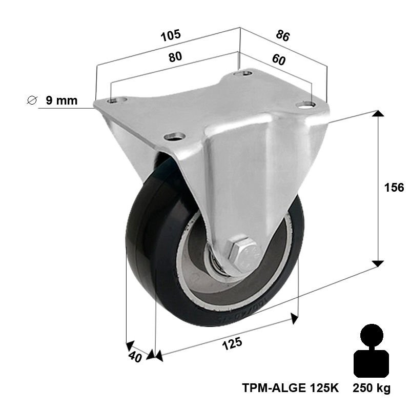 Koło do wózka stałe TPM-ALGE 125K z kołem gumowym piasta aluminium. Nośność 220 kg / 125mm/ kulkowe