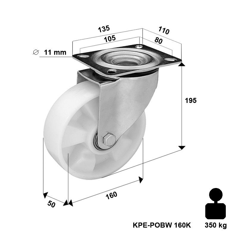 Zestaw kołowy skrętny KPE-POBW 160K z kołem poliamidowym. Nośność 400 kg / 160mm/ kulkowe