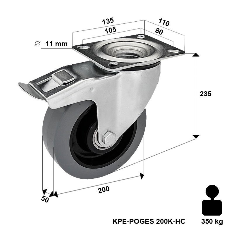Zestaw kołowy skrętny KPE-POGES 200K-HC z kołem gumowym piasta poliamid. Nośność 400 kg / 200mm/ kulkowe