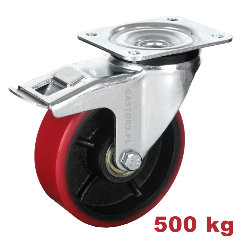 Kółko transportowe fi 200 do dużych obciążeń skrętne obrotowe z hamulcem CASTKPM-BZPU 200K-HC - 500kg mocne koło żeliwno-poliuretanowe OUTLET KOŁA PRZEMYSŁOWE
