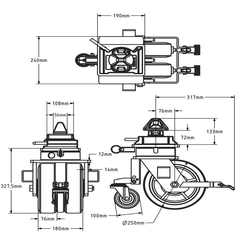 Koło do kontenera morskiego Podwójne koło transportowe 3000 kg 250mm KONT-WIEZPU 250K-HC-BK do dużych obciążeń