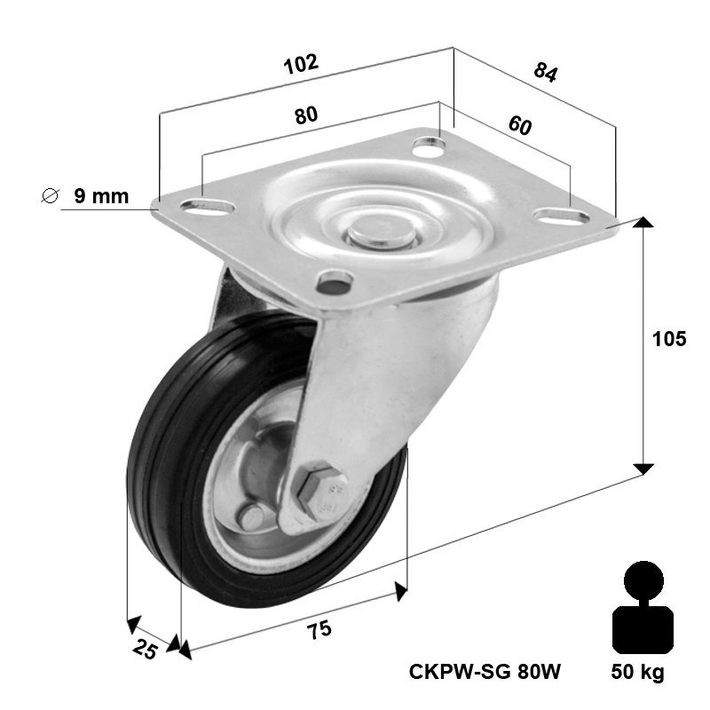 WYPRZEDAŻ - Kółko transportowe obrotowe metalowo-gumowe 80 mm LO-CKPW-SG 80W  koło metalowo-gumowe stalowa piasta  Nośność 50 kg / 80mm / wałeczkowe