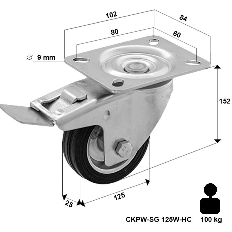 WYPRZEDAŻ - Kółko transportowe obrotowe z hamulcem metalowo-gumowe 125 mm LO-CKPW-SG 125W-HC  koło metalowo-gumowe stalowa piasta  Nośność 100 kg / 125mm / wałeczkowe