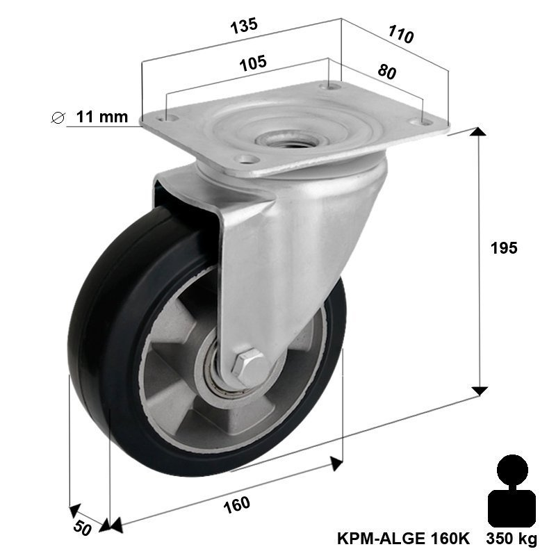 Koło obrotowe transportowe KPM-ALGE 160K z kołem gumowym piasta aluminium. Nośność 300 kg / 160mm/ kulkowe