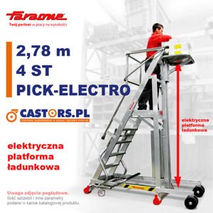 Drabina magazynowa CASTMAG przejezdna PICK-ELECTRO 2,78m  z elektrycznym podestem ładunkowym 4-stopniowa