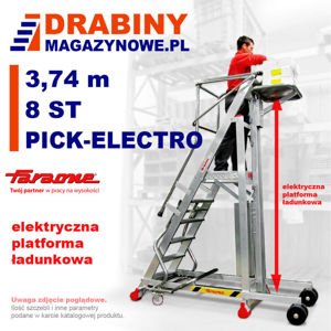 Drabina magazynowa DRABMAG jezdna PICK-ELECTRO 3,74m  z elektrycznym podestem ładunkowym 8-stopniowa
