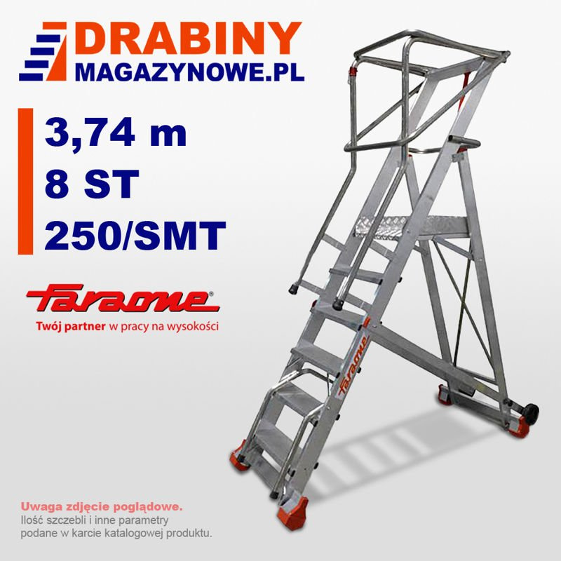 PROFESJONALNA ALUMINIOWA MAGAZYNOWA DRABINA FARAONE SMT 250 DRABMAG - 8 stopni - max. wysokość 3,74 m