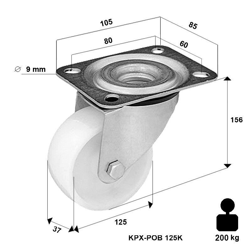 Zestaw kołowy nierdzewny skrętny KPX-POB 125K1 z kołem poliamidowym Nośność 200 kg / 125 mm / kulkowe