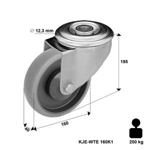 Zestaw kołowy skrętny KJE-WTE 160K1 z szarą gumą piasta polipropylenowa Nośność 200 kg / 160mm/ kulkowe