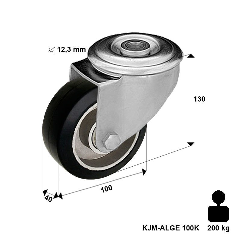 Zestaw kołowy skrętny KJM-ALGE 100K z kołem gumowym piasta aluminium. Nośność 160 kg / 100mm/ kulkowe